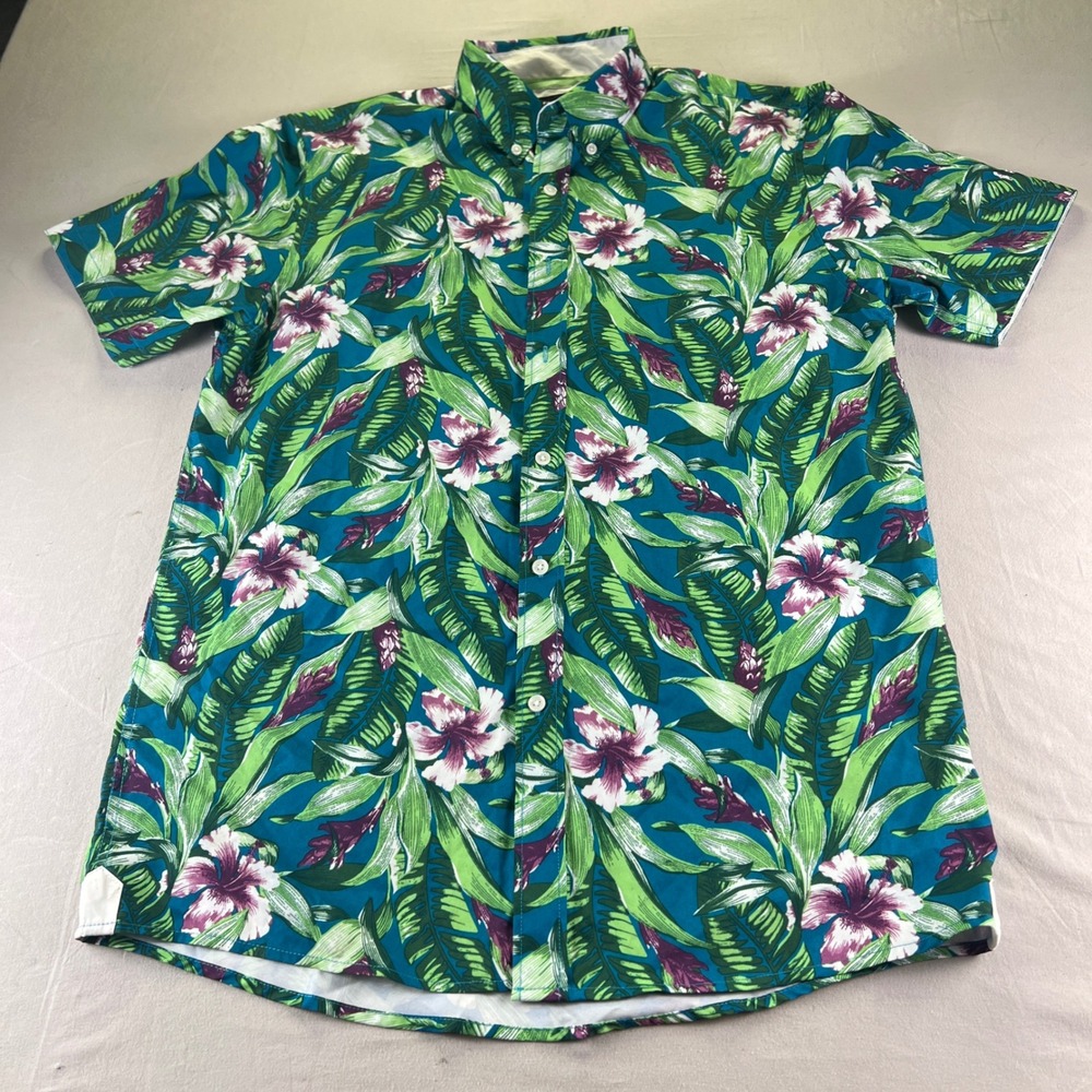 Fried Denim NYC Mens Large Tropical Floral Button Down Shirt Teal Green Purple L
